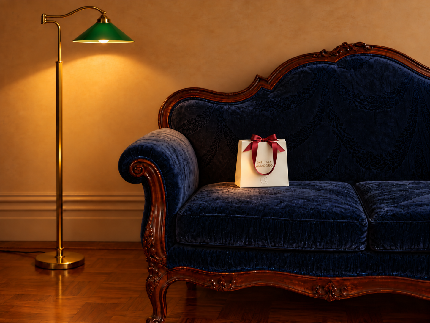 Galleria Armadoro luxury jewellery gift bag on a blue velvet sofa