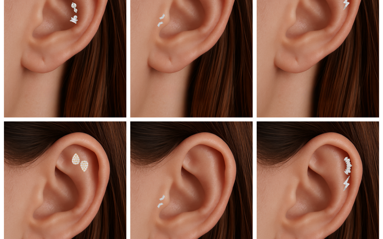 Snakebite ear piercings – conch, tragus, mid helix, flat, forward helix, and helix double piercings