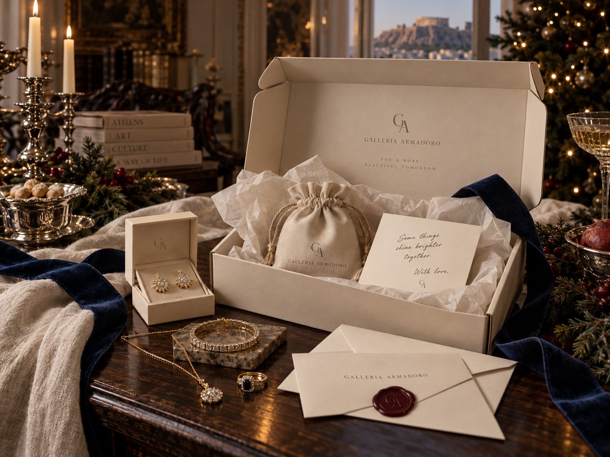 Gifting concept showing an open jewellery parcel, tissue, pouch and handwritten card for review