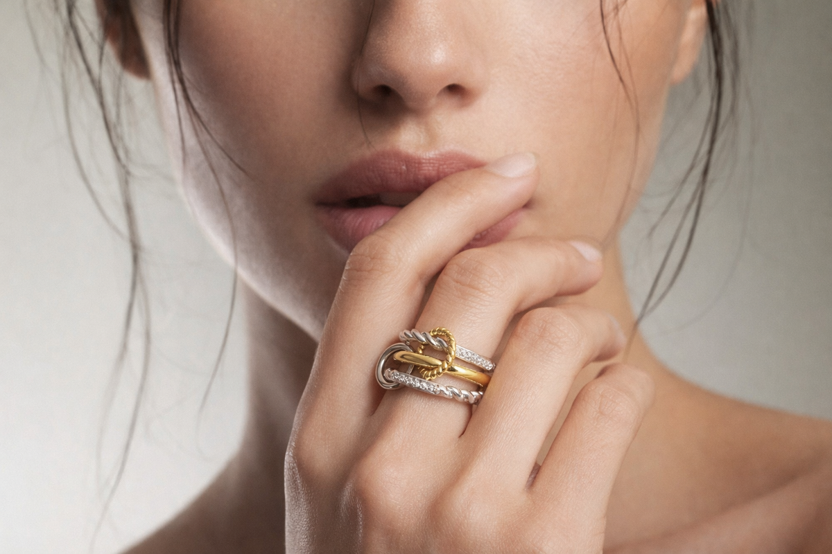 Multi-band and stacked-look rings styled in mixed gold and silver tones