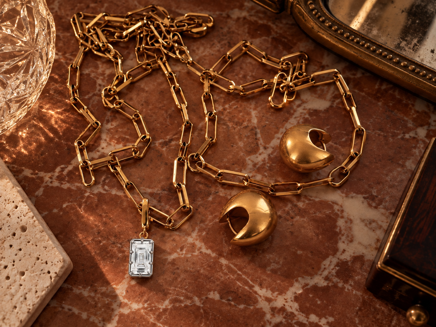 Large Link paperclip chain necklace and Sophie hoop earrings flat lay by Galleria Armadoro