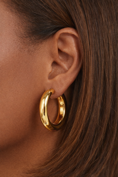 medium gold hoop earrings worn 3cm chunky everyday hoops on ear