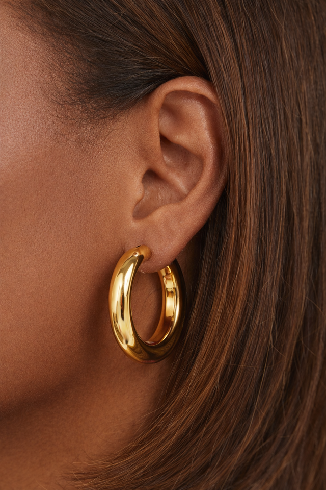 medium gold hoop earrings worn 3cm chunky everyday hoops on ear