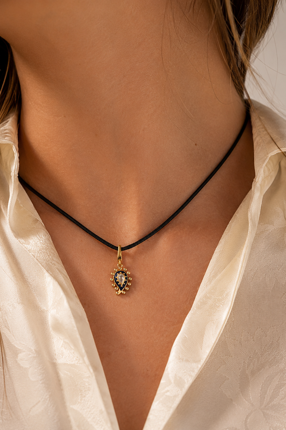 Adjustable Gold Cord Necklace & Lapis Paisley Evil Eye Charm
