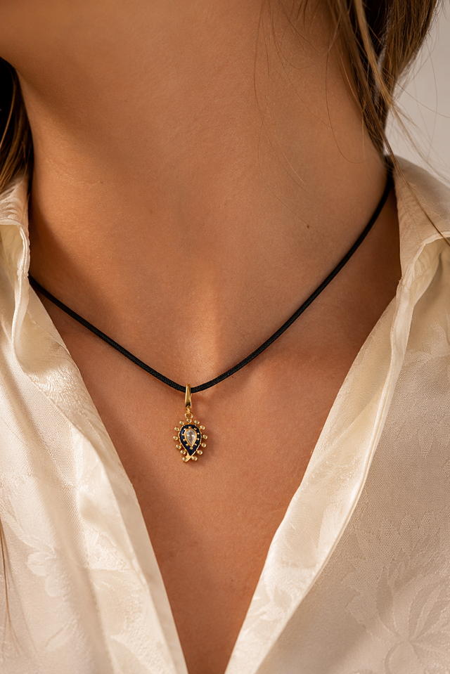 Adjustable Gold Cord Necklace & Lapis Paisley Evil Eye Charm