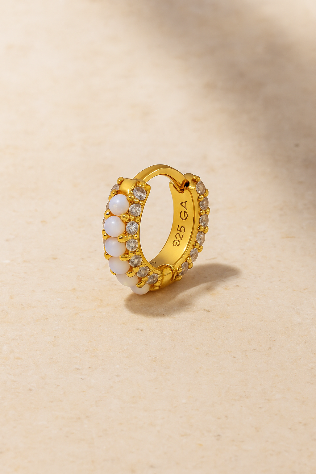 Barrel white cz & opal gold vermeil huggie