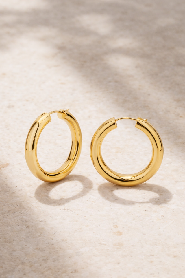 chunky gold hoop earrings 3cm polished thick gold plating detail
