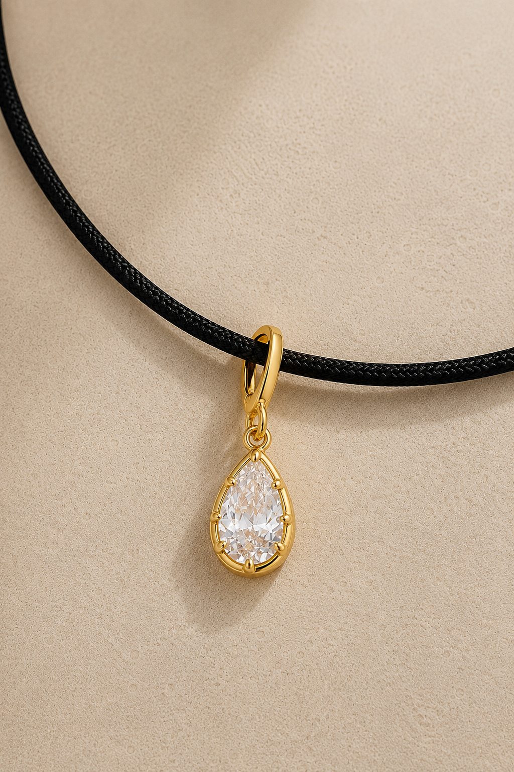 Close-up of Vittoria gold teardrop crystal charm hanging on adjustable black cord necklace