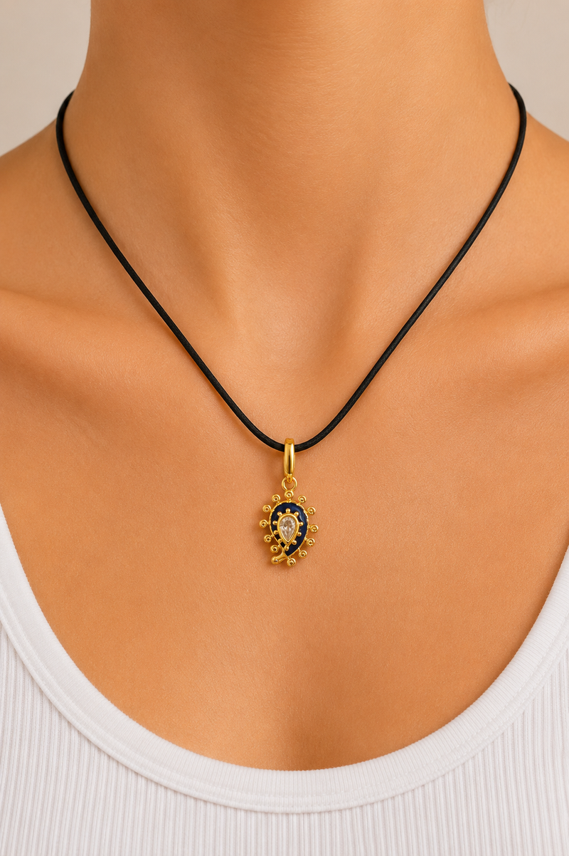 Adjustable Gold Cord Necklace & Lapis Paisley Evil Eye Charm