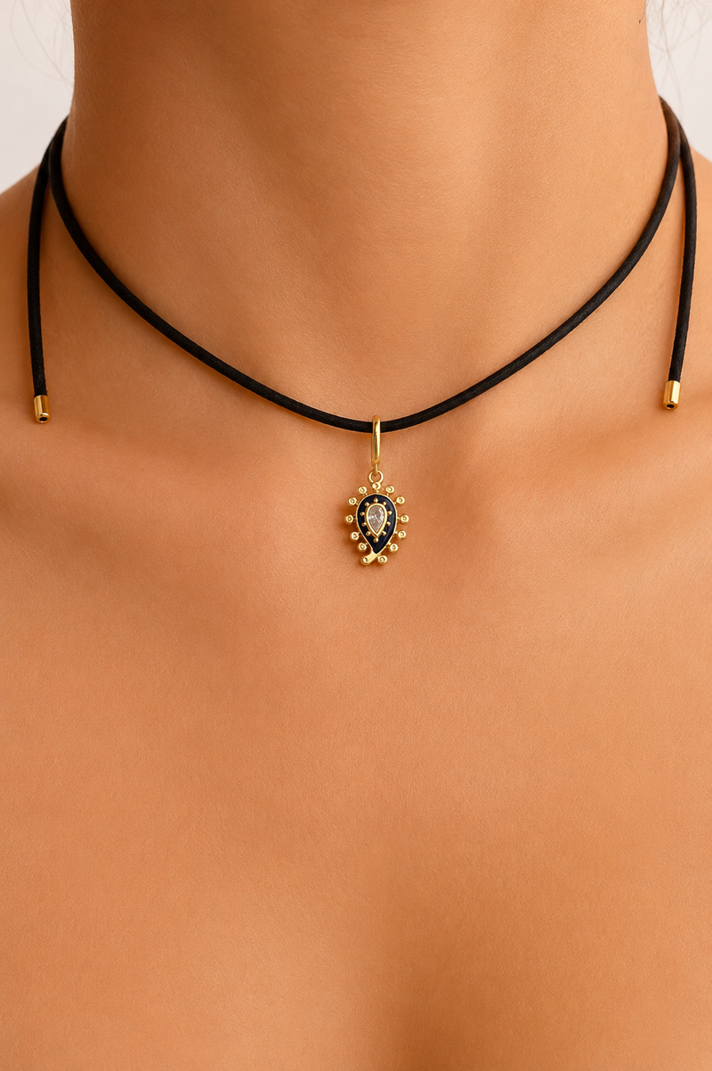 Adjustable Gold Cord Necklace & Lapis Paisley Evil Eye Charm