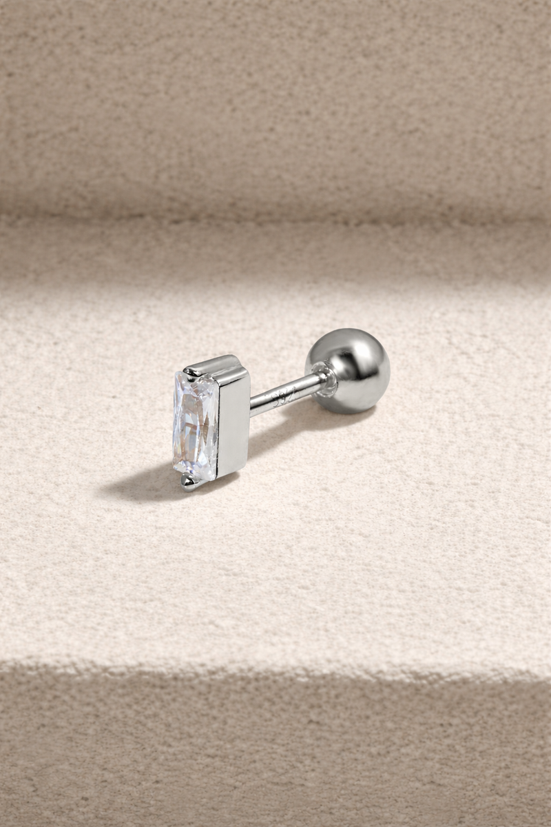 Mini baguette sterling silver stud earring (ball screw)