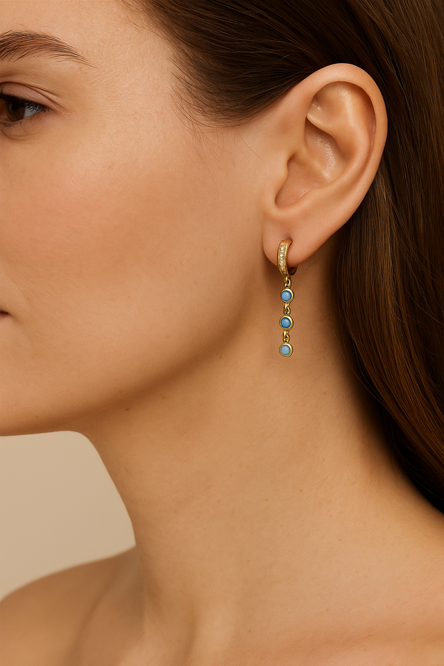 Waterfall turquoise & white stones gold vermeil huggie