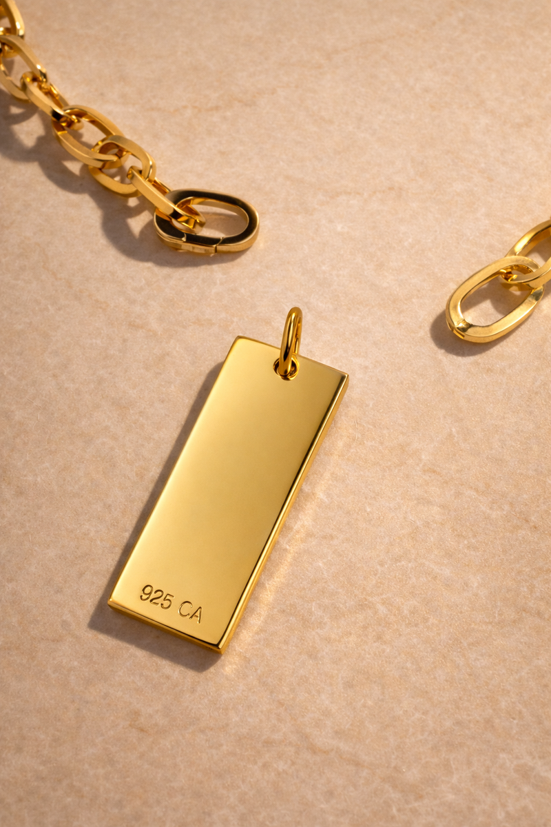 Chunky gold chain necklace with rectangular dog tag pendant, 40cm length look