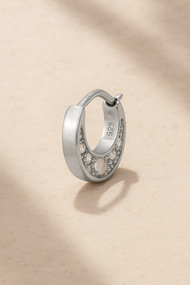 Crescent opal sterling silver huggie