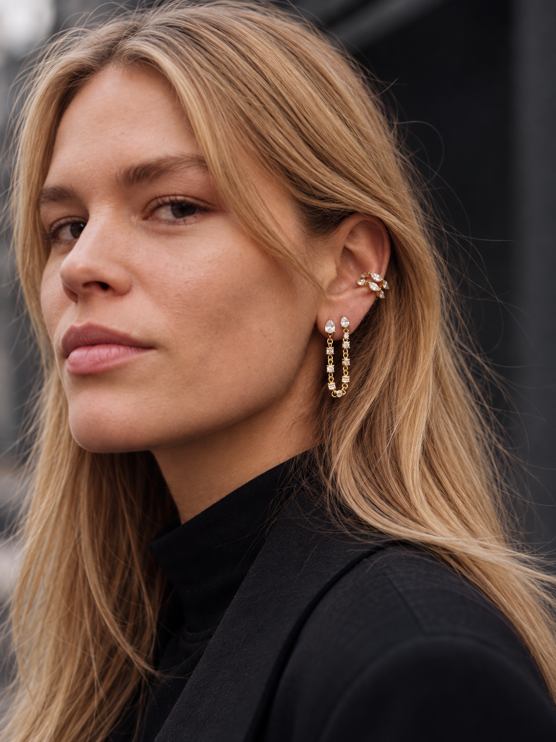 Gold ear look by Galleria Armadoro featuring double drop studs and double ear cuffs for a simple, polished and striking finish.
