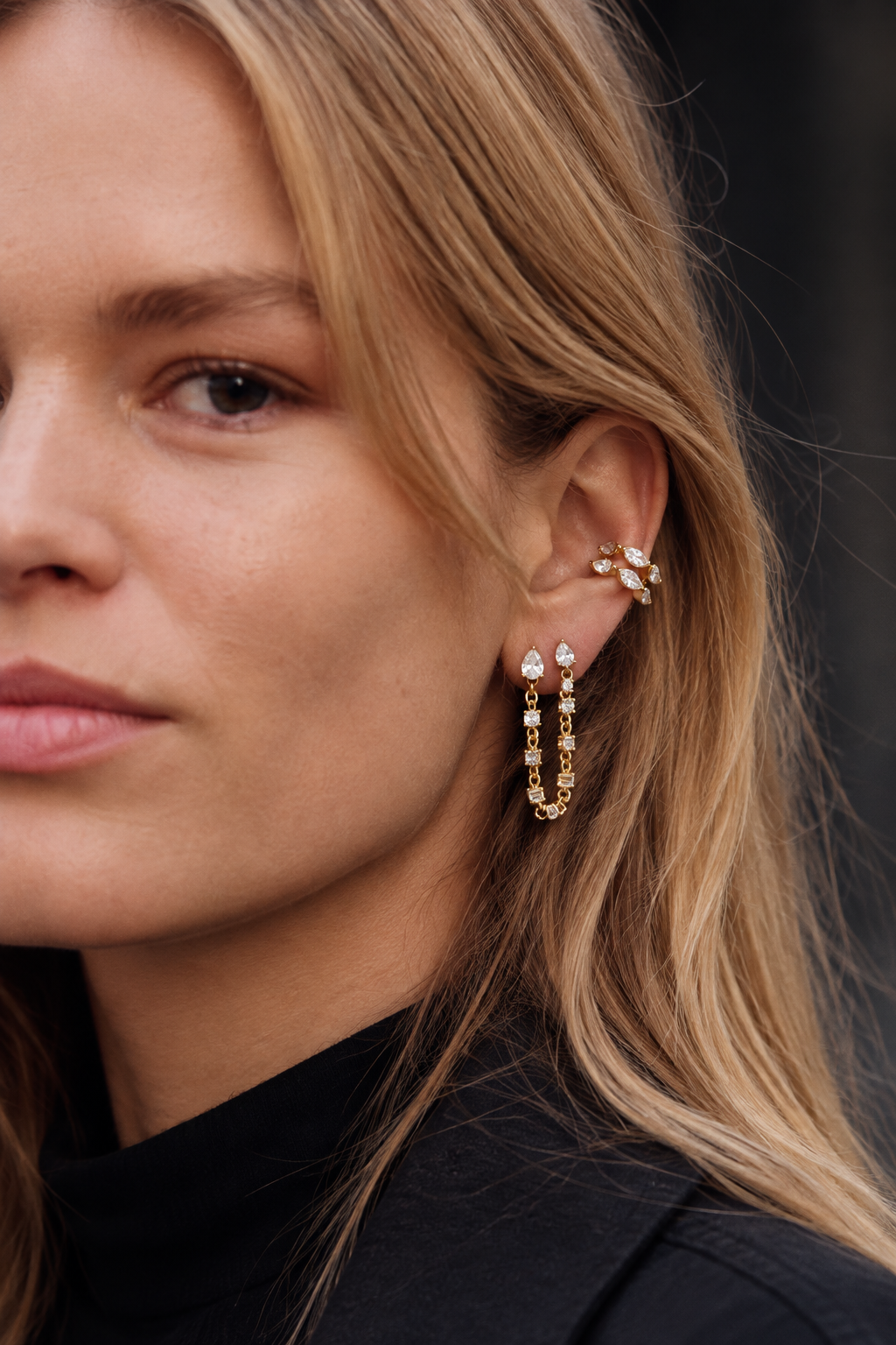 Gold ear look by Galleria Armadoro featuring double drop studs and double ear cuffs for a simple, polished and striking finish.