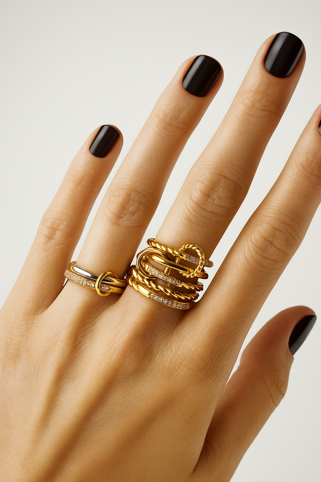Dark nail polish styling with two-tone Livia ring and layered gold rings.