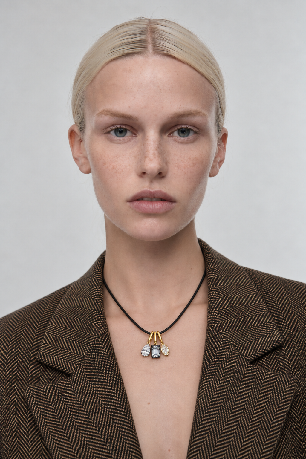Black cord necklace by Galleria Armadoro styled with three Vittoria hook charms in gold, black rhodium and white rhodium finishes.