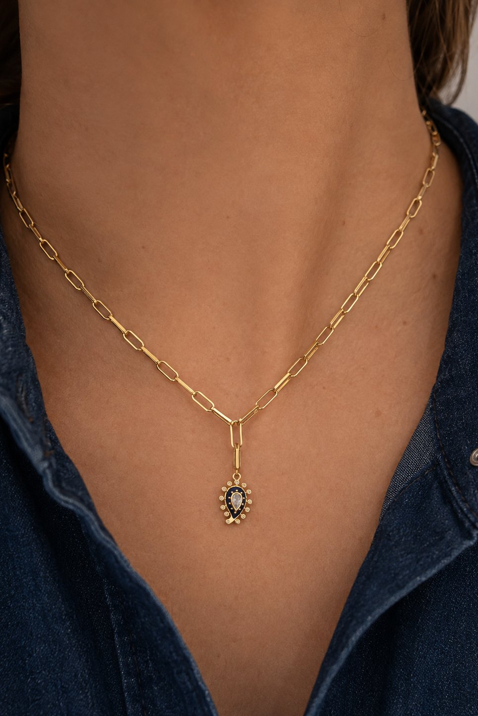 Gold Paperclip Chain & Lapis Paisley Evil Eye Charm