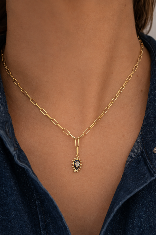 Gold Paperclip Chain & Lapis Paisley Evil Eye Charm