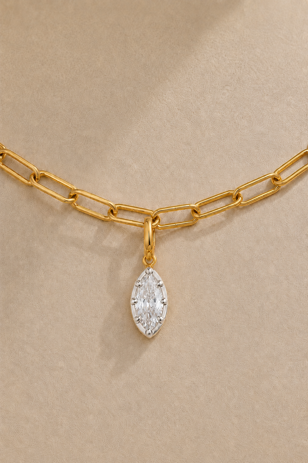 Large gold paperclip chain with removable mixed metal marquise charm