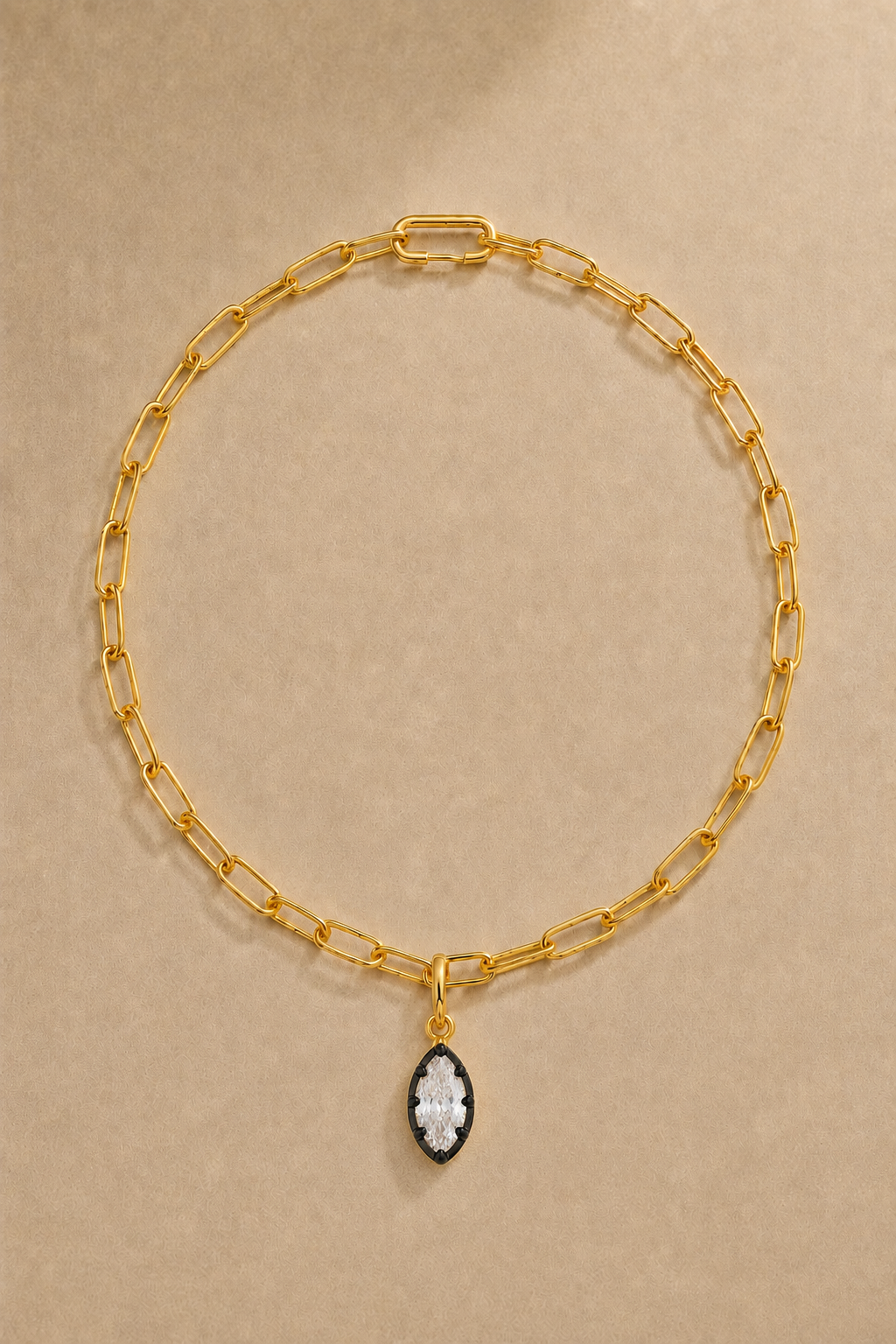 Large gold paperclip chain with removable marquise crystal hook charm