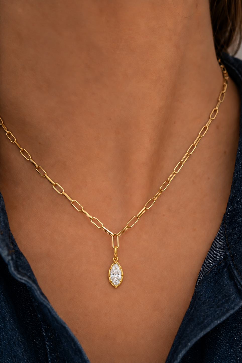 Vittoria gold marquise hook charm worn on large gold paperclip chain