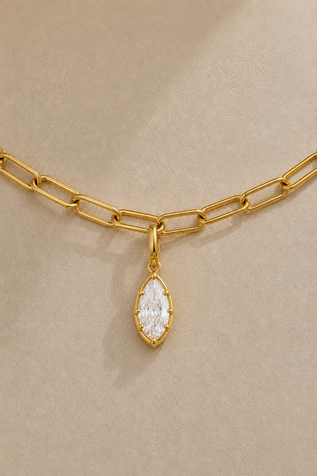 Gold paperclip chain necklace with Vittoria gold marquise crystal charm