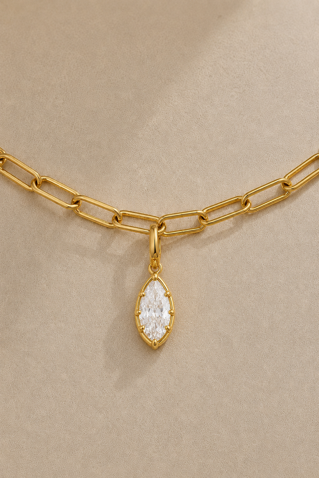 Gold paperclip chain necklace with Vittoria gold marquise crystal charm