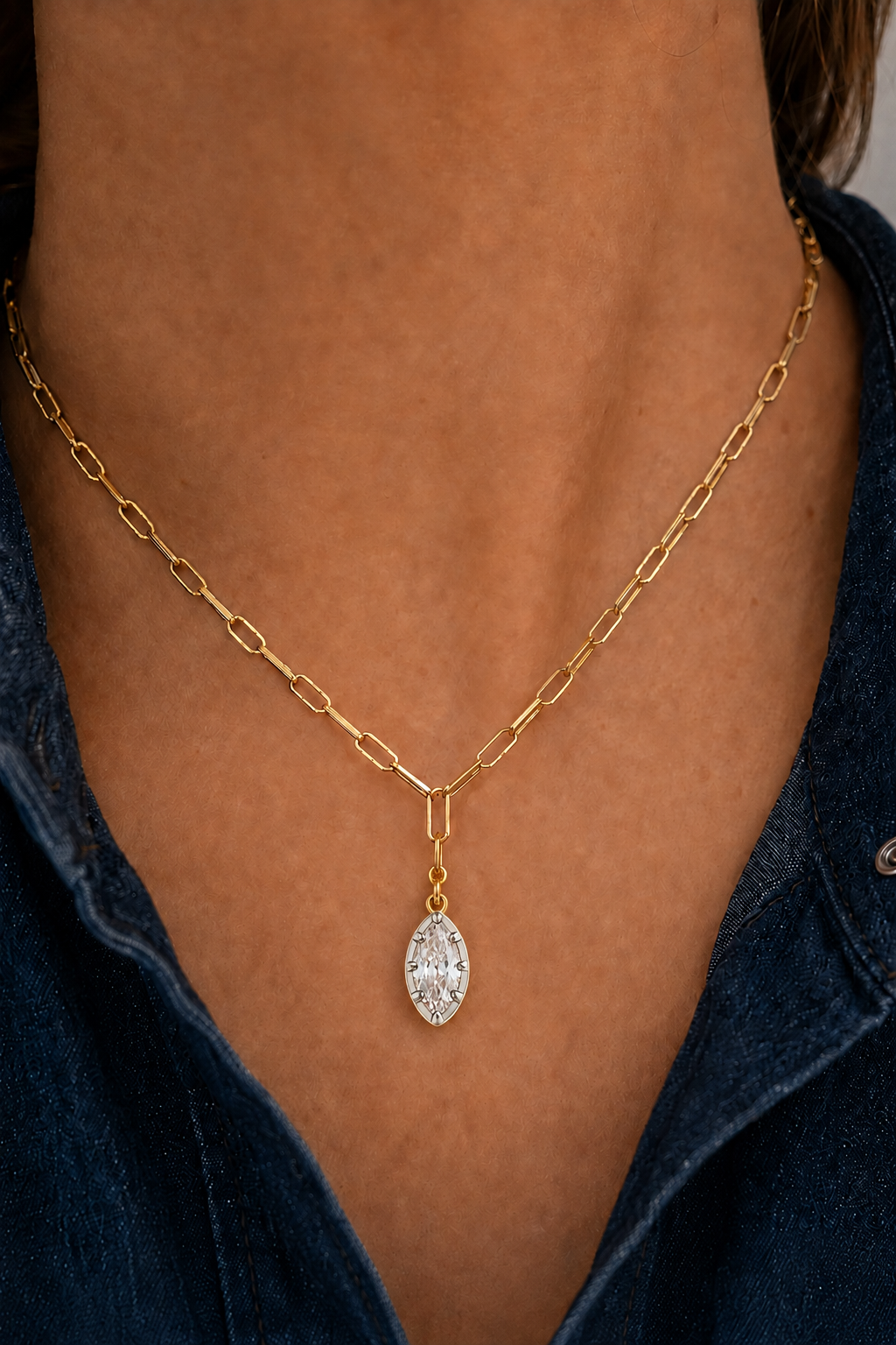 Vittoria silver and gold marquise charm on gold paperclip chain necklace