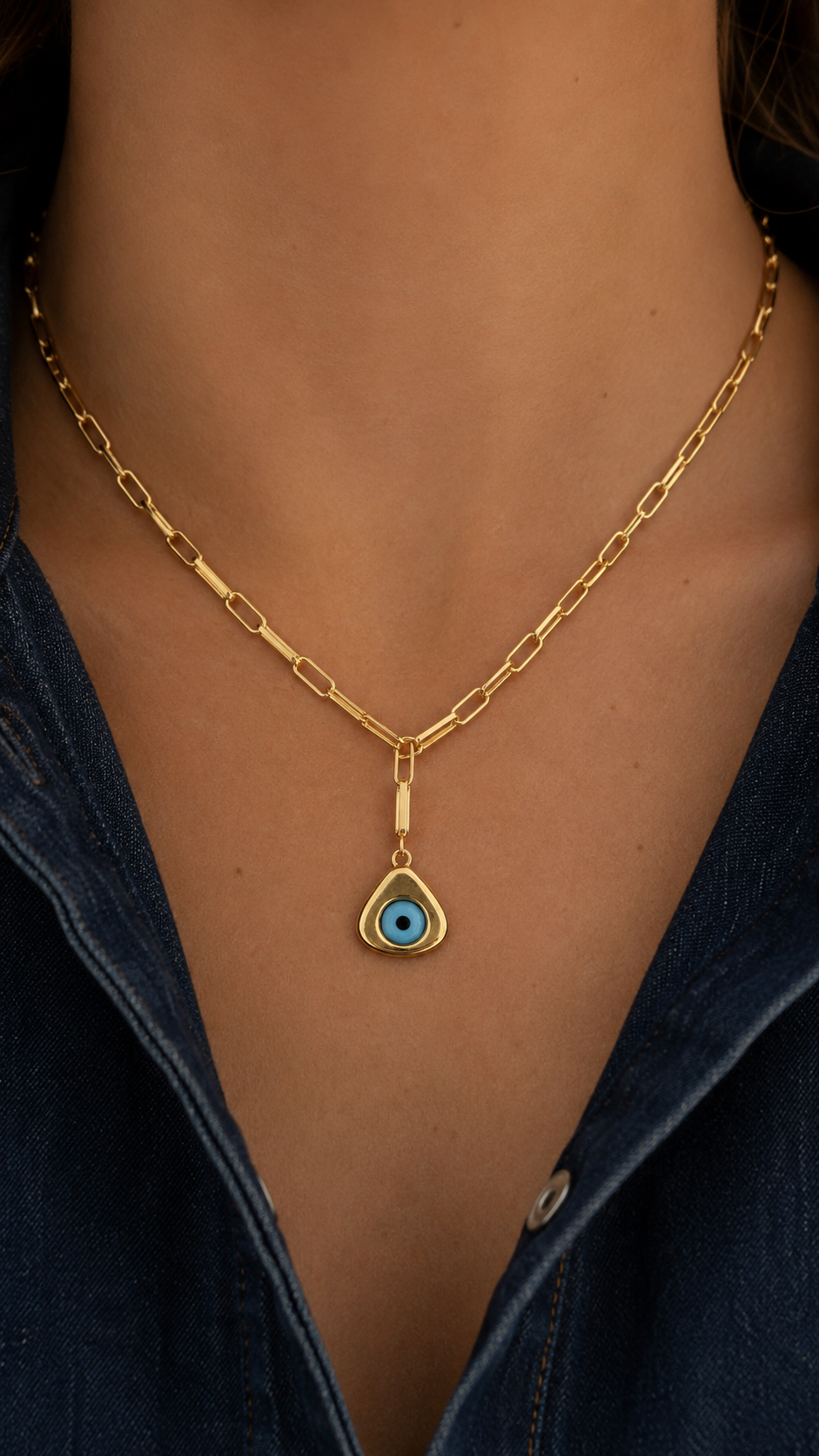 Gold Paperclip Chain & Triangle Evil Eye Charm