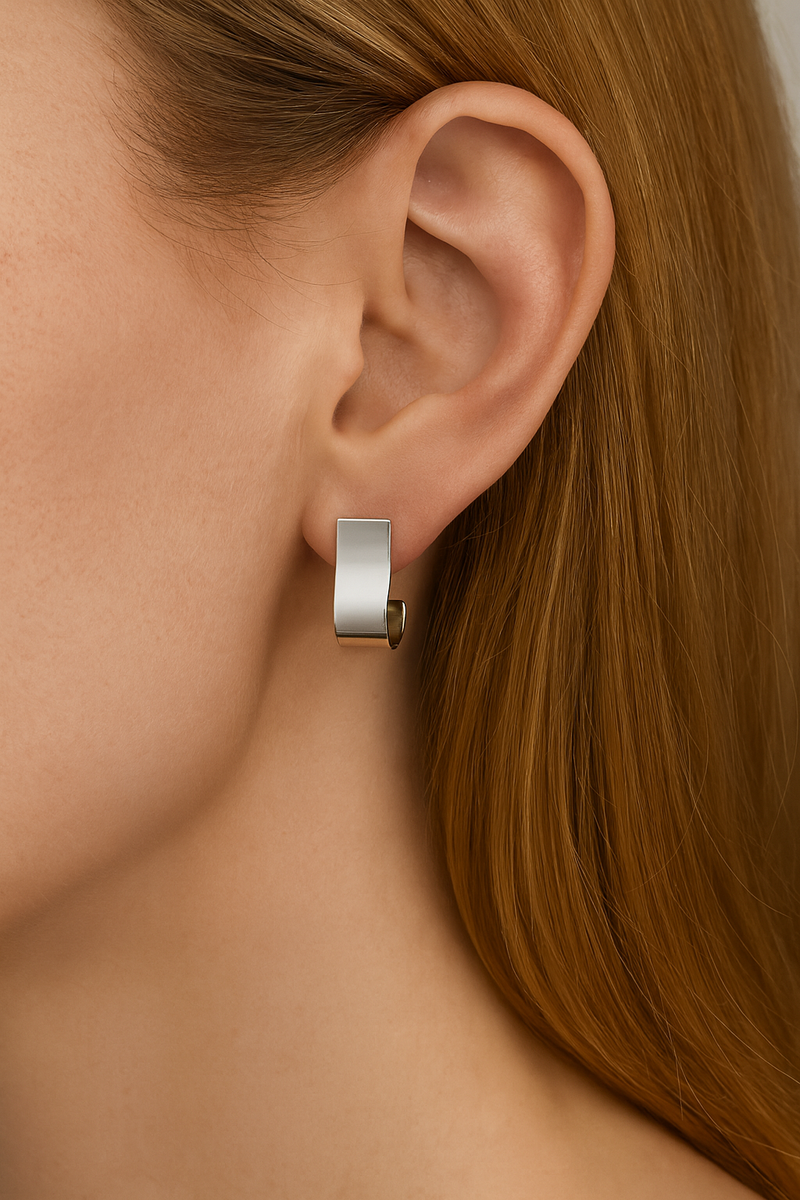 Grace Folded Mini Hoop Stud Earrings – Silver MODEL