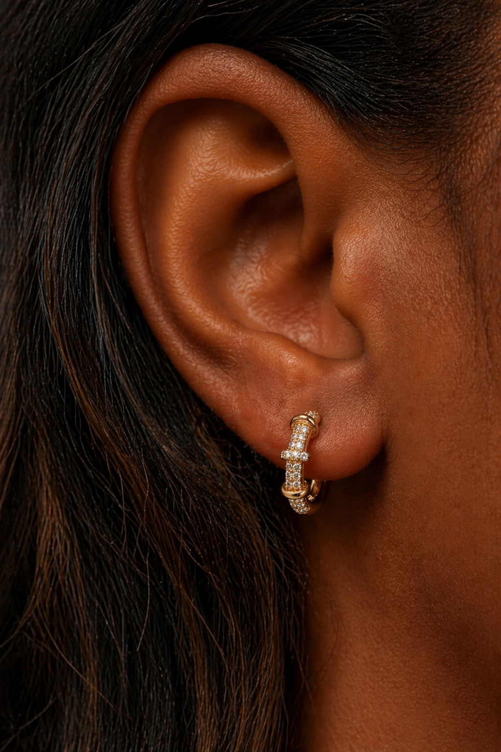 Huda Gold Pavé Cross-Bar Huggie Earring model zoom
