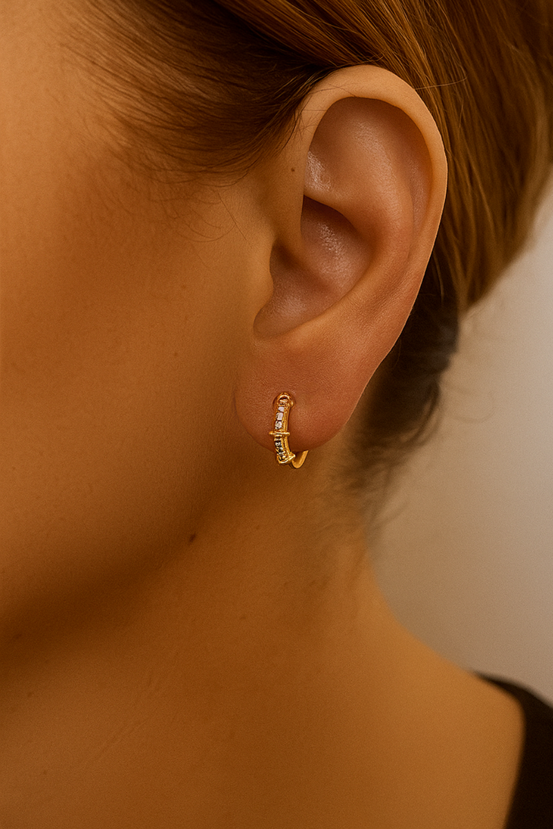 Huda Gold Pavé Cross-Bar Huggie Earring model zoom