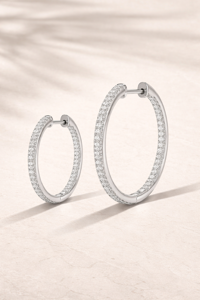 Double ear piercing sterling silver inside out pavé hoop set with 18mm and 22mm white CZ stones