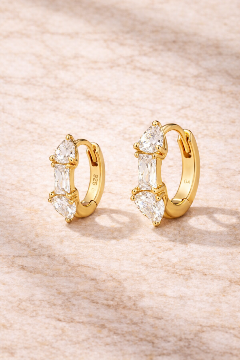 Double ear piercing gold mini hoop set with 6.5mm and 8.5mm Ivy huggies and white cubic zirconia