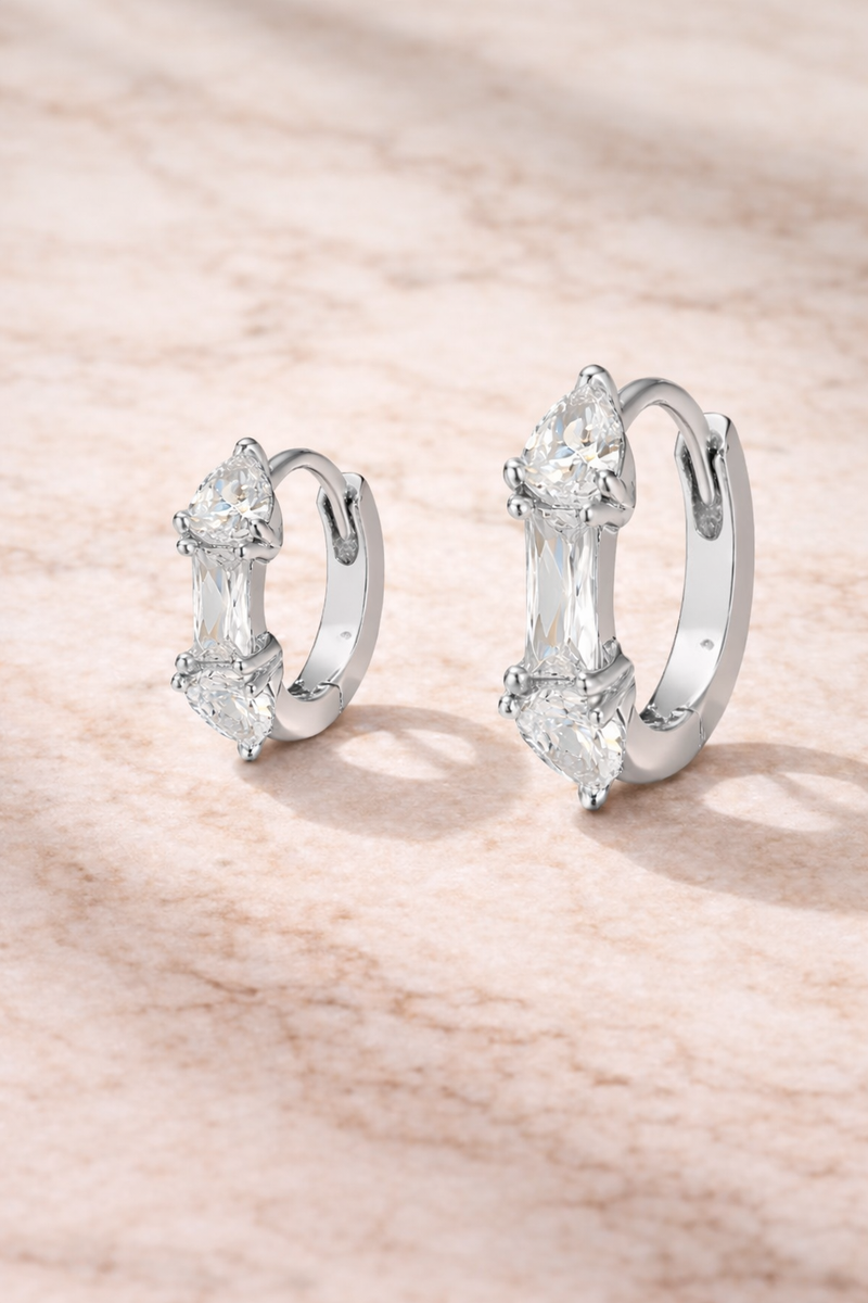 Double ear piercing sterling silver mini hoop set with 6.5mm and 8.5mm Ivy huggies and white cubic zirconia