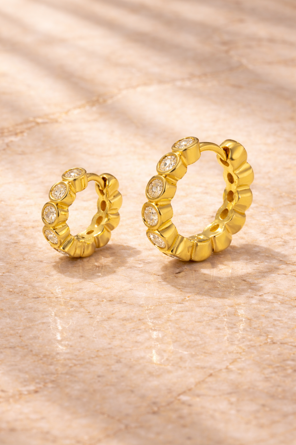 Double ear piercing gold vermeil huggie set with 8.5mm and 11mm Lola bezel set white CZ hoops