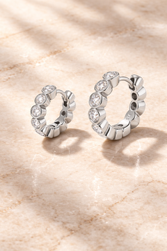 Double ear piercing sterling silver huggie set with 8mm and 11mm Lola bezel set white CZ hoops