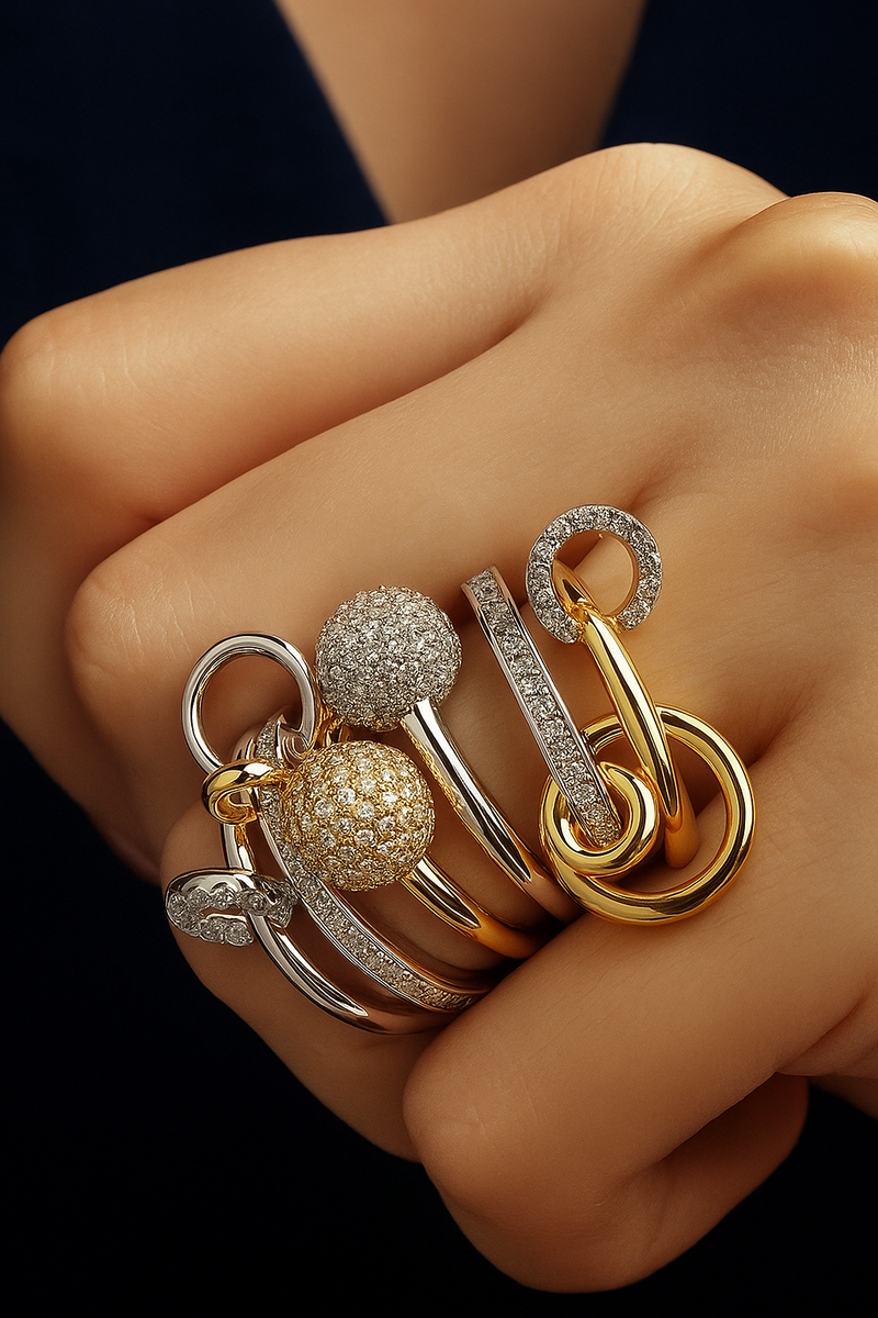 Lumi pave silver bead ring stacked 