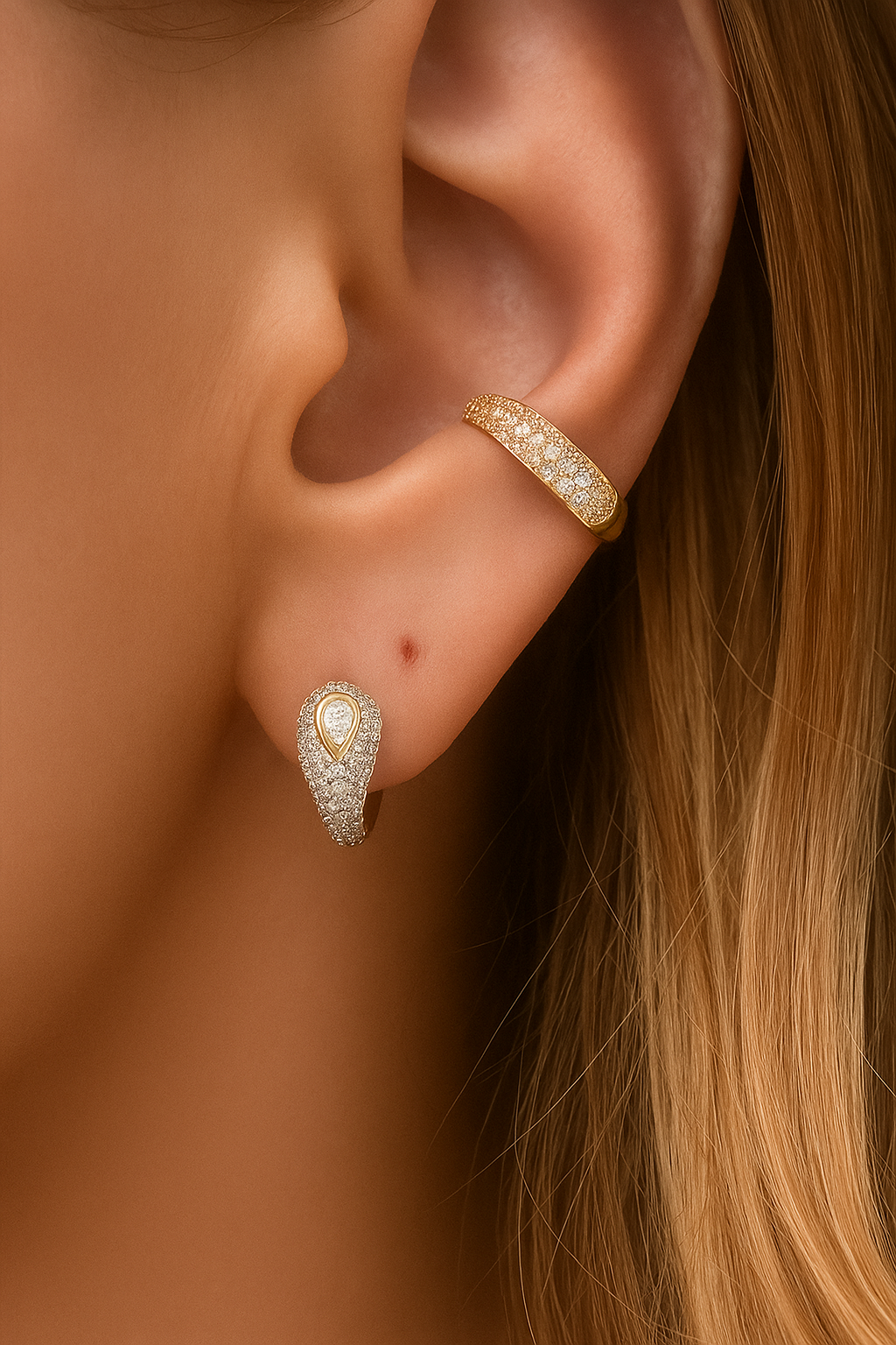 Mina Pavé Cuff styled with pavé huggie, highlighting non-pierced cuff earring look.