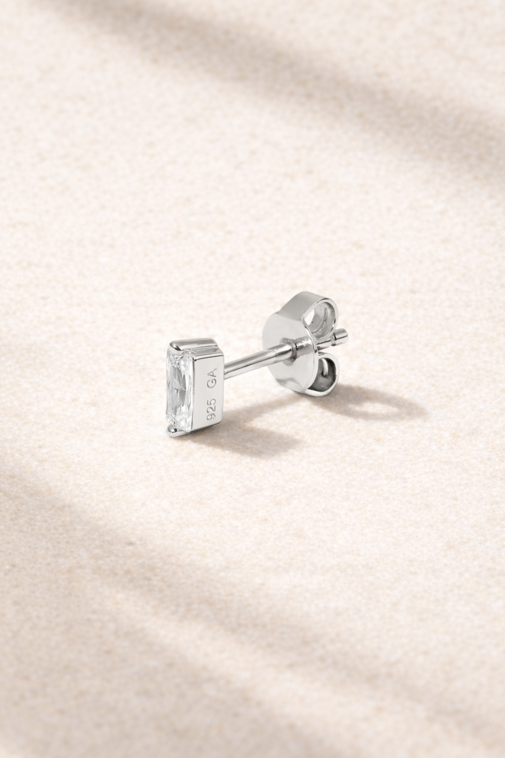 Mini baguette sterling silver stud earring side