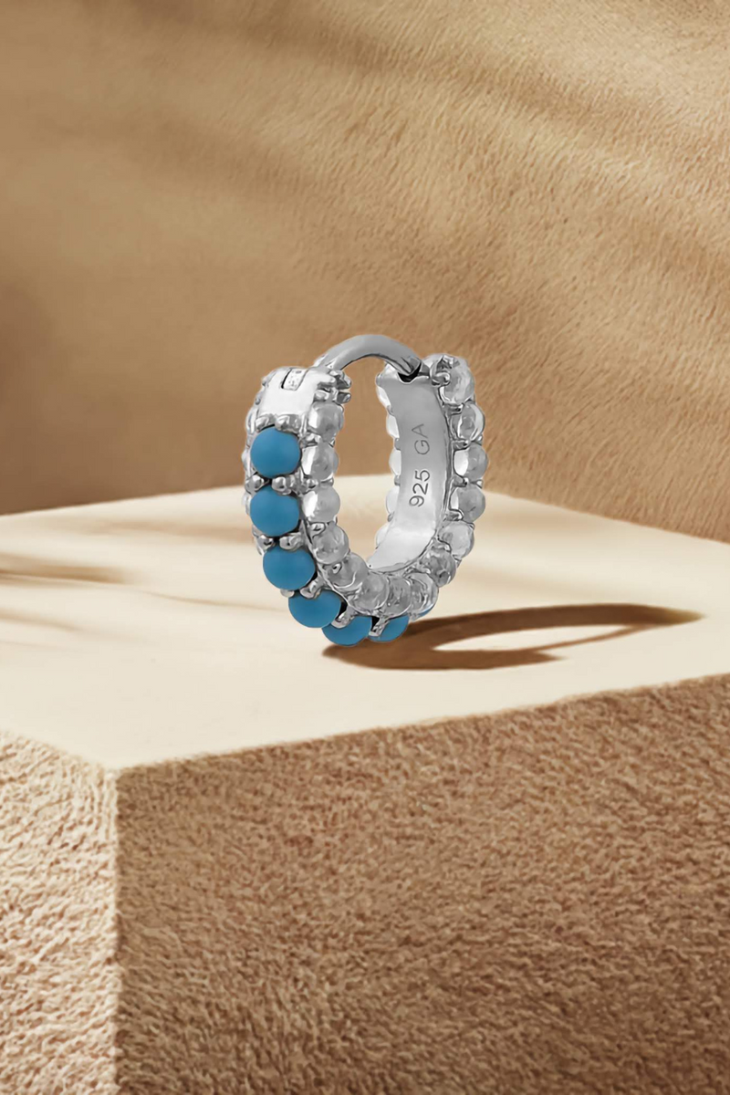 Barrel white cz & turquoise sterling silver huggie