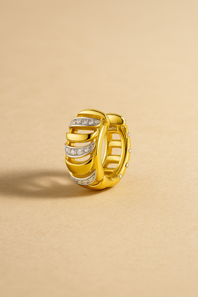 Noor Gold Huggie Earring in 18ct gold-plated sterling silver with pavé cubic zirconia — small chunky hoop earring designed by Galleria Armadoro.
