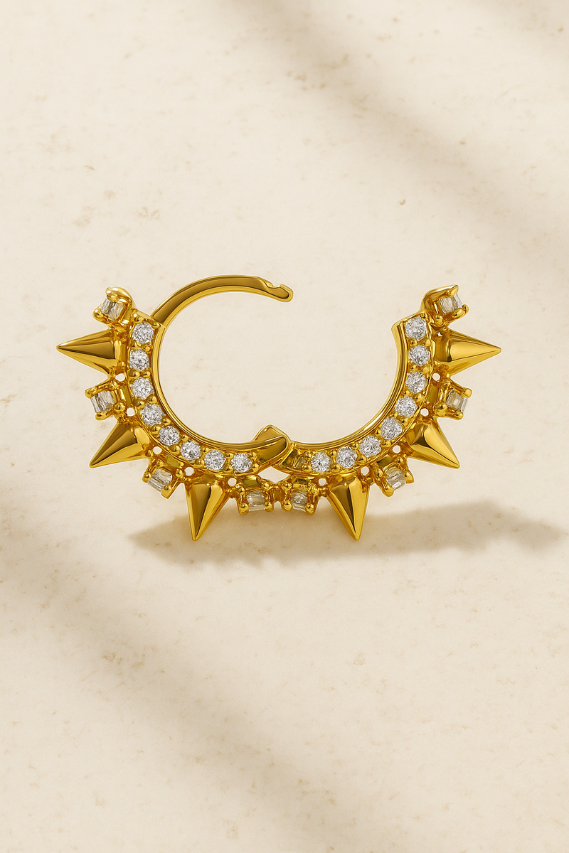 Open view of Spina Gold Huggie Earring showing spike details and hand-set pavé cubic zirconia in polished 18ct gold plating.
