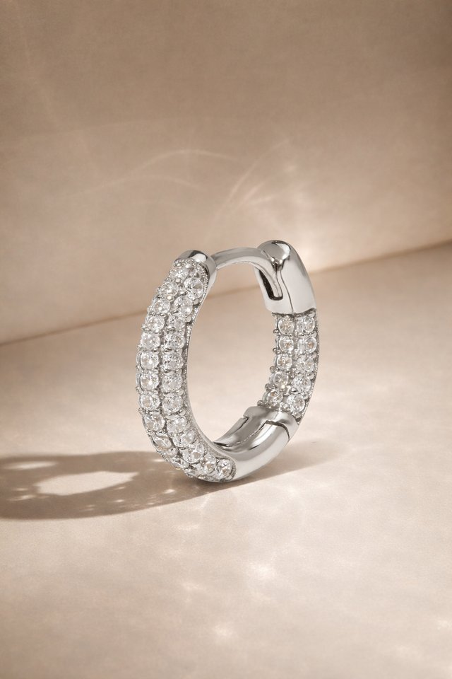 Oval three rows sterling silver huggie