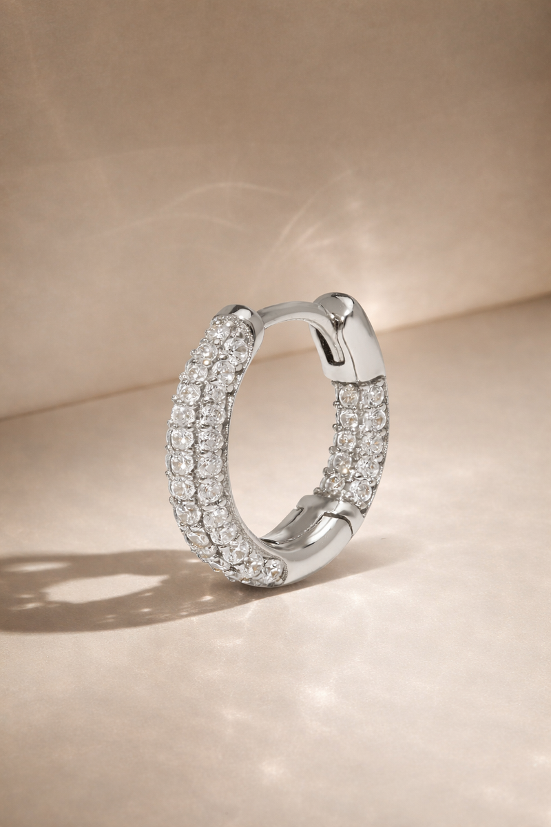 Oval three rows sterling silver huggie