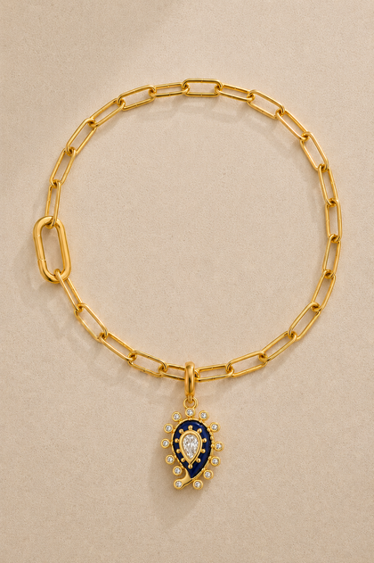 Gold Paperclip Bracelet / Anklet & Lapis Paisley Evil Eye Charm