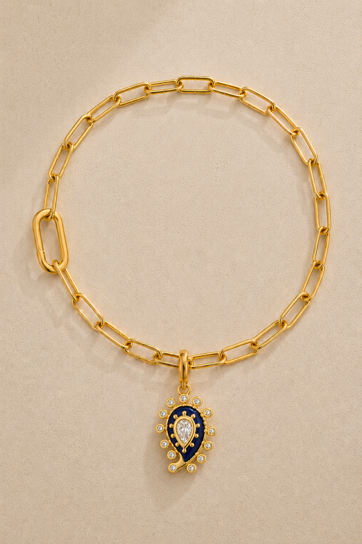 Gold Paperclip Bracelet / Anklet & Lapis Paisley Evil Eye Charm