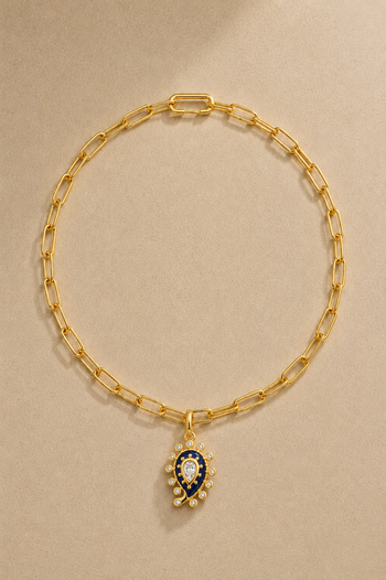 Gold Paperclip Chain & Lapis Paisley Evil Eye Charm